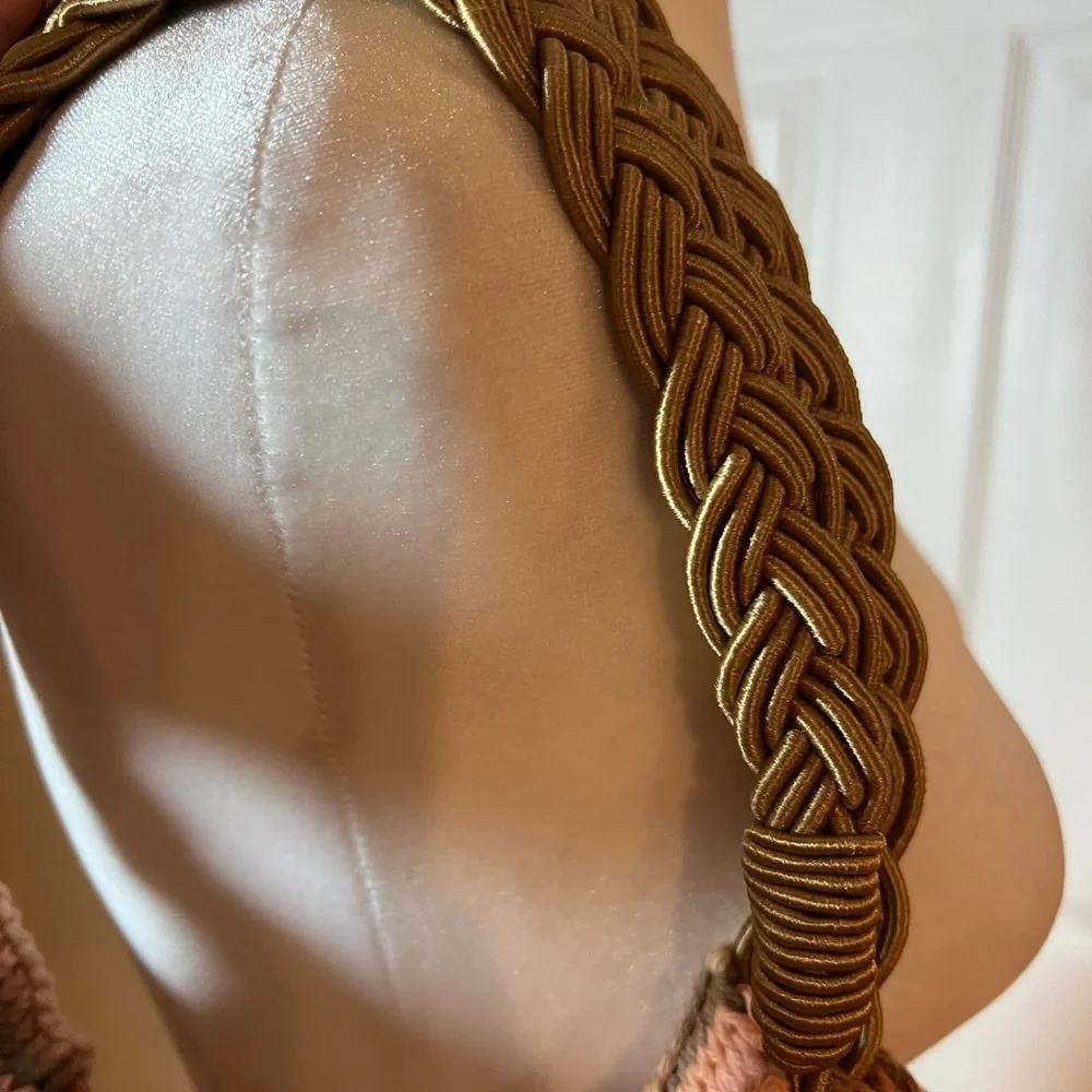 Womens Knit Pink Shoulder Purse Gold Chunky Straps Boho Chic